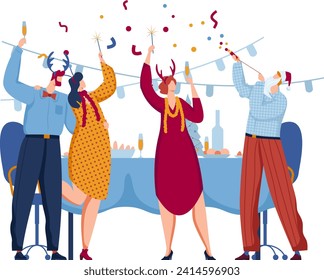 Three people celebrating New Year's Eve with sparklers and fancy dresses. They are toasting with champagne and wearing party hats. Celebration time and cheerful holiday party vector illustration.