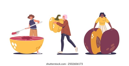 Three People Characters Holding And Interacting With Oversized Grapefruit, Bell Pepper And Plum Fruits And Vegetables