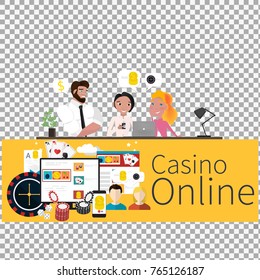 Three People Characters play in online casino on transparent background. Teamwork in modern business office. Business co working process. -stock vector