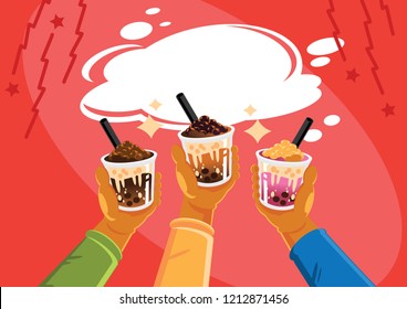 three people cheers with plastic cups of Taiwan milk tea celebrate vector illustration