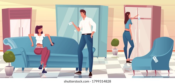 Tres personas eligen sofá armario sillón en la tienda de muebles ilustración vectorial plana