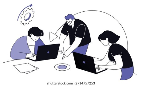 Three people collaborate around a table with laptops, discussing a project. Isolated on transparent background. - Powered by Shutterstock - Get 15% off with code: PIKWIZARD15
