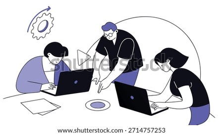 Three people collaborate around a table with laptops, discussing a project. Isolated on transparent background.