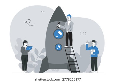 Three people collaborating around a rocket in flat style on a light abstract background, expressing teamwork and innovation concept. Flat hand-drawn vector illustration