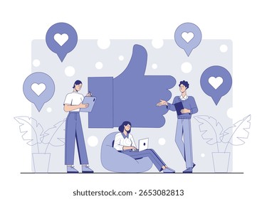 Três pessoas colaborando com dispositivos, cercadas por corações e um grande ícone polegar para cima, estilo gráfico plano, em um fundo pontilhado. Conceito de envolvimento on-line. Ilustração vetorial