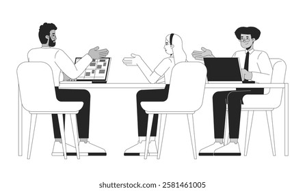 Three people colleagues discussing work at desk black and white 2D line characters. Cooperation teamwork coworkers multicultural isolated vector outline people. Monochromatic spot illustration