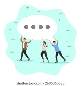 Three people creatively interacting and working together to share ideas using a communication bubble.