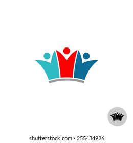 Three people in a crown shape logo. Silhouette of human figures with raised up hands sign.