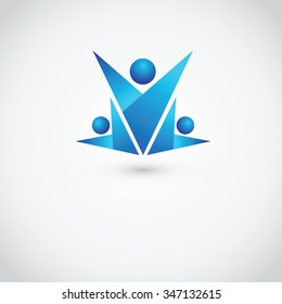 Three people in a crown shape logo. Silhouette of human figures with raised up hands sign.