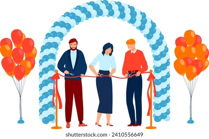 Three people cutting ribbon at grand opening ceremony. Businessman, businesswoman, and colleague celebrate with balloons. Corporate event, inauguration vector illustration.