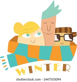 three people in a cyan and orange winter scarf