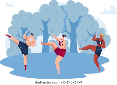 Three people dancing outdoors, joyful dance moves in the park. Friends having fun, diverse group, energetic dance vector illustration.