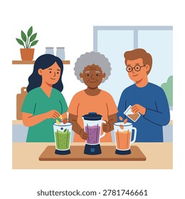Three people of different ages and ethnicities are preparing fresh fruit and vegetable smoothies in a bright, modern kitchen setting.