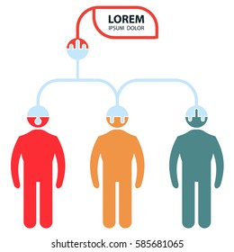Three people of different colors connected to each other to obtain or exchange information. Vector isolated image