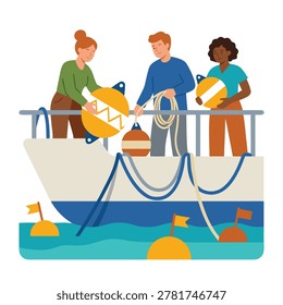 Three people of different ethnicities and genders collaborate on a boat, handling buoys and ropes, with navigational markers in the water.