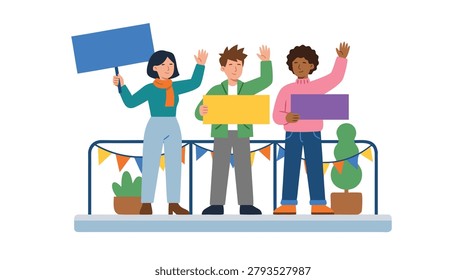 Three people of different ethnicities and genders stand together, holding blank signs and raising their fists in a show of unity and protest.