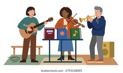 Three people of different ethnicities and genders playing guitar, violin, and trumpet, with music sheets on a stand.