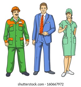 three people of different occupations in uniform on a white background