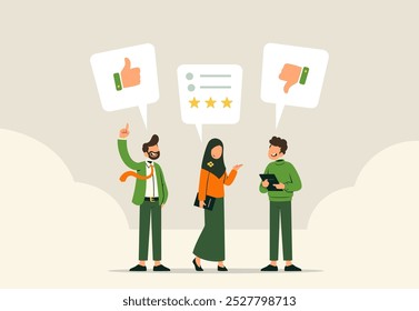 Three people discuss customer feedback with a thumbs up, three stars and a thumbs down graphic above them.