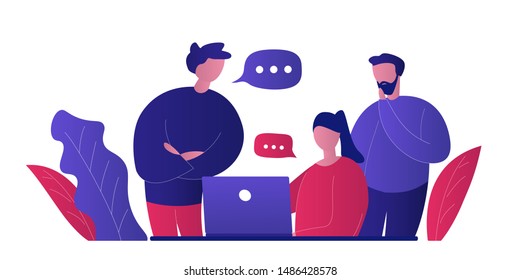 Three people discuss project issues at the office space. Business meeting with remote participants. Woman sitting at the table with laptop, men standing nearby and talking. Flat vector illustration