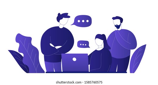 Three people discuss project issues at the office space. Business meeting with remote participants. Woman sitting at the table with laptop, men standing nearby and talking. Flat vector illustration