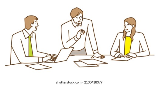 Three people discussing around a table, a man and a woman.