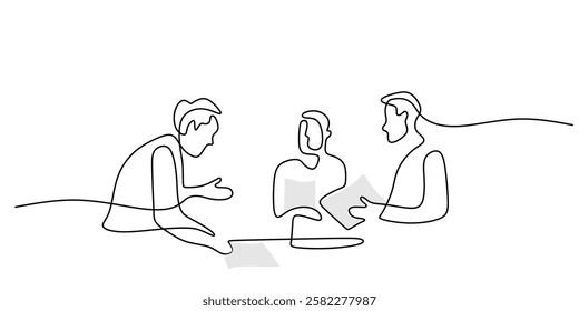 Three people in a discussion with laptops in continuous line drawing. Represents team meetings, collaboration, or brainstorming. Vector illustration hand drawn.