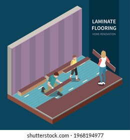Three people doing home renovation installing new laminate flooring isometric vector illustration