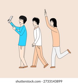 Three people are doing a photoshoot, one of them is holding a cell phone. Scene is casual and relaxed, as the people are enjoying their time together