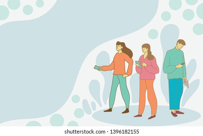 Three people Draw a cartoon that is standing play phone and have the space to put the text is vector. Can be applied to common design tasks.
