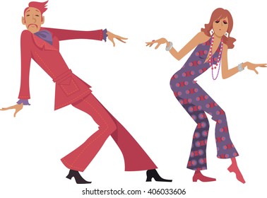 Three people dressed in 1970s fashion dancing a novelty dance, EPS 8 vector illustration, no transperences