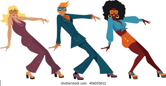 Three people dressed in 1970s fashion dancing a novelty dance, EPS 8 vector illustration, no transperences