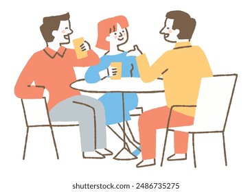 Three people drinking and conversing happily _color