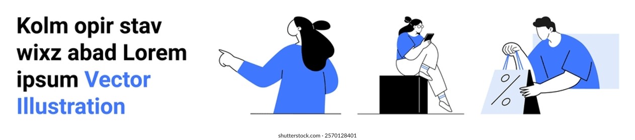 Three people engaged in different modern lifestyle activities, including talking, using a phone, and examining statistics. Ideal for communication, technology, business analytics, social interaction