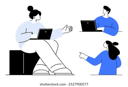 Three people are engaged in a discussion, each with a laptop. They seem to be sharing ideas and brainstorming. Ideal for teamwork, remote work, online meetings, collaboration, and digital education