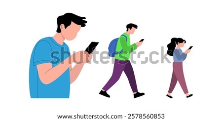 Three people engrossed in mobile devices while walking.
