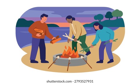 Three people enjoy a warm bonfire on a sandy beach as the sun sets over the ocean, creating a peaceful evening atmosphere.
