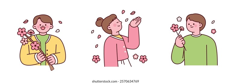 Three people enjoying nature during the cherry blossom season. outline character vector illustration.