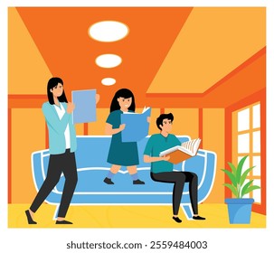 Three people enjoying a relaxing reading session together in a modern, well-lit living room. Flat vector modern illustration 
