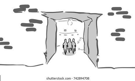 Three people enter the square arch of the old house black and white vector sketch. Simple drawing at white background. 