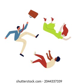 Three people fall isolated. People of different races and cultures fly down, disappointed. Vector stock illustration concept of dismissal of working men and women.