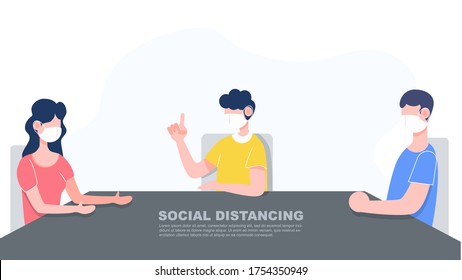 Tres personas en familia mantienen la distancia sentadas con máscara facial. Concepto de distanciamiento social. Nuevo estilo de vida normal después de covid-19 diseño de carácter plano pandémico ilustración vectorial.
