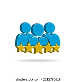 Three people with five stars. User ratings 3d icon isolated. Vector illustration