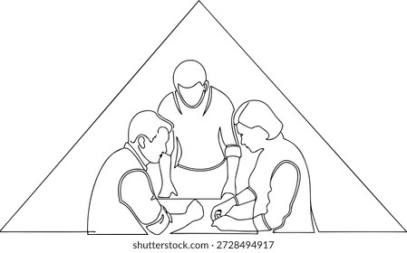 Tres personas se reunieron alrededor de una mesa en un marco triangular en un dibujo de línea continua