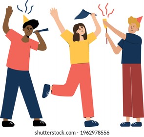 Three people, a girl and two boys, celebrate the birthday of someone. They have a lot of fun and do a party together. It is a flat style vector illustration showing a fun event with people. 