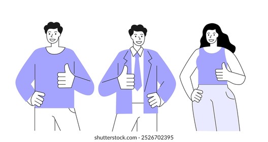 Three people giving thumbs up in a friendly gesture, showcasing enthusiasm in a minimalist style illustration