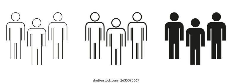 Three People Group Line And Solid Icon Set. Teamwork, Collaboration, And Community Outline And Silhouette Symbol Collection. Social Interaction And Networking. Isolated Vector Illustration.