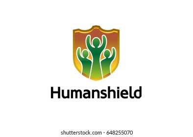 Three People Group Shield Security Logo Design Illustration