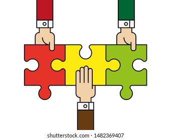 Three people hands putting puzzle 3 pieces. Teamwork business concept. Idea working together banner. Colaborative people design vector puzzle illustration. Hand business man connecting puzzle elements