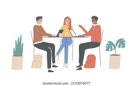 three people are having a discussion. cafe. hang out productively. campus life. give an opinion. do work together. togetherness and cohesiveness. flat vector isolated on white background